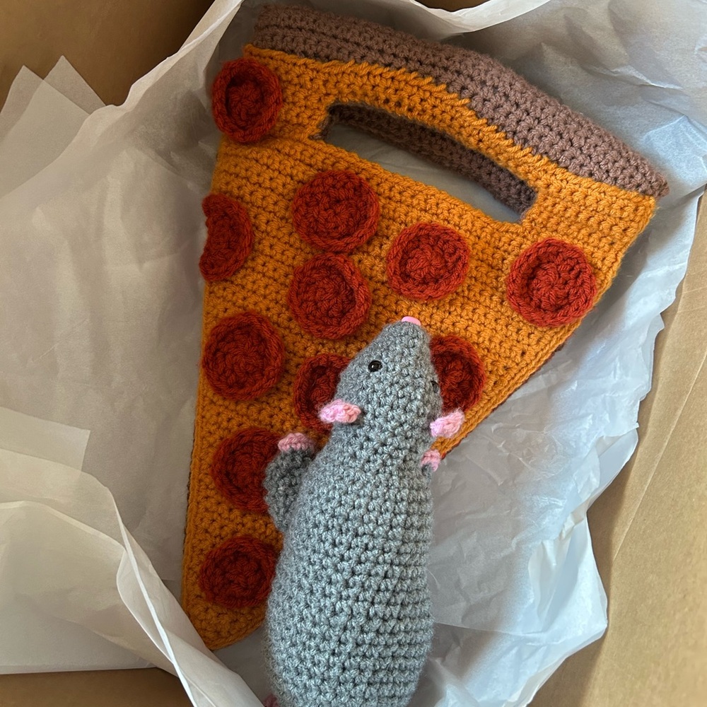 Handmade Crochet NYC Pizza Rat Bag